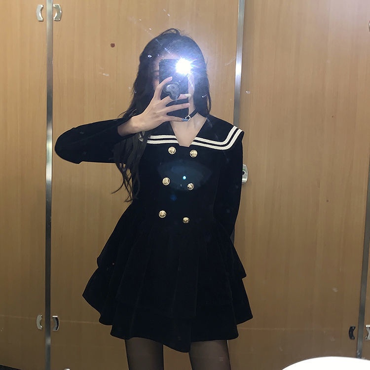 Đầm Xòe Cổ Hải Quân Màu Đen Thời Trang Mùa Xuân Cho Nữ