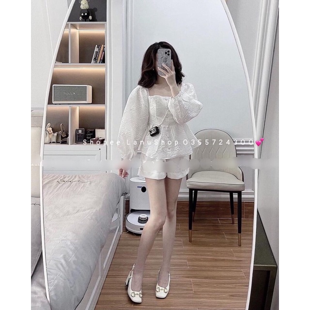 Áo Mặc 2 kiểu,Áo Xốp cổ vuông xoè đáng yêu,áo trễ vai dài tay sang chảnh