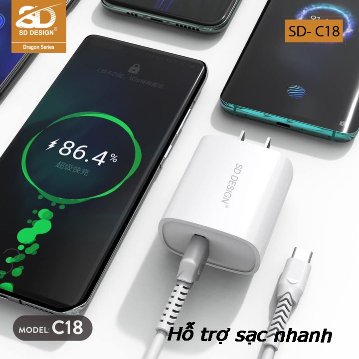 Củ sạc chính hãng SD DESIGN C18 tương thích tất cả các thiết bị di động : iphone, samsung, oppo. Bảo hành 1 đổi 1