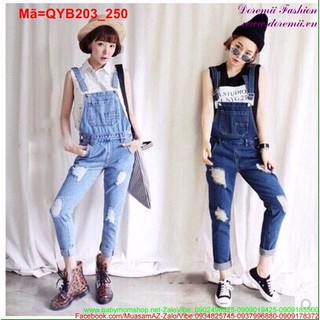 Quần yếm jean dài nữ rách phong cách bụi bặm QYB203