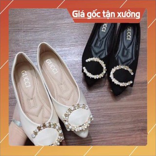 Giày bệt nữ da mềm đính khóa đá chữ c sang chảnh