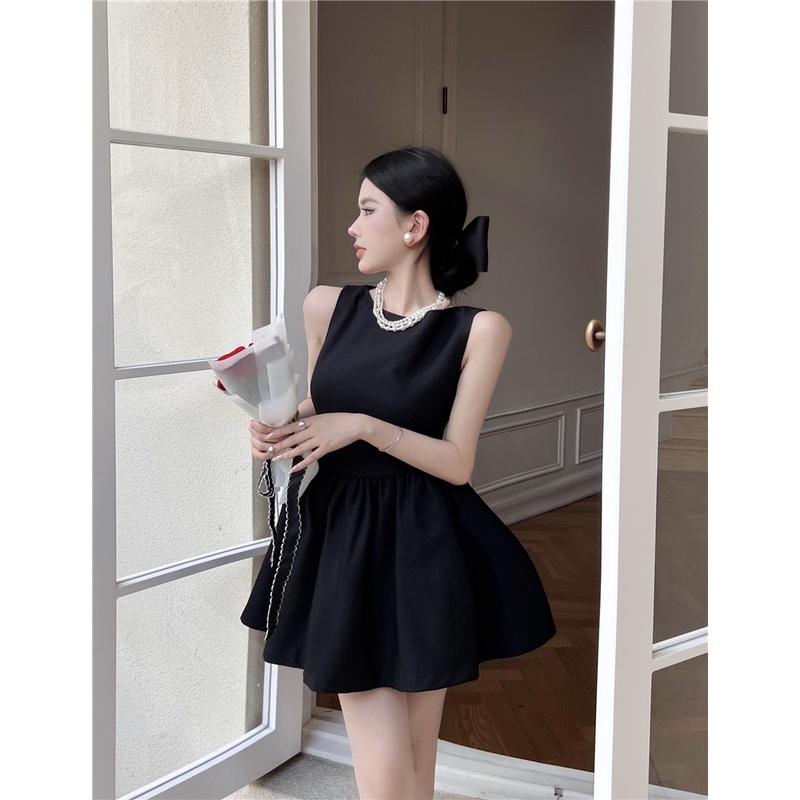 Đầm Chữ A Sát Nách Cổ Tròn Dáng Rộng Màu Đen Phong Cách Pháp Thời Trang Mùa Hè Cho Nữ