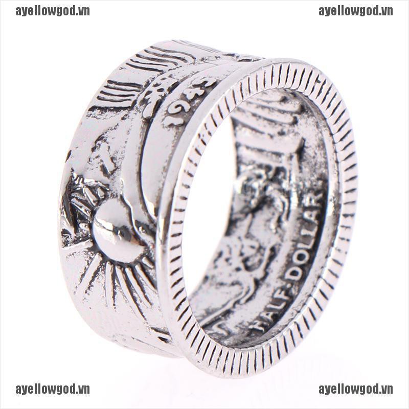 【aye】1Pcs Handmade Coin Rings Vintage Morgan Silver Half Dollar 1945 Carved Jewelry