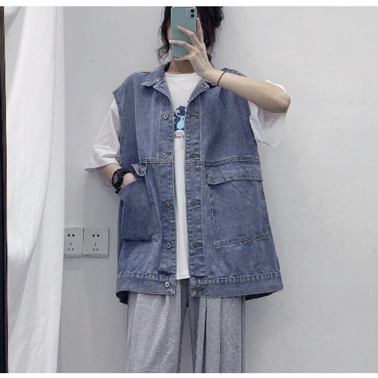 Áo Jeans Gile Denim Unisex Form rộng phong cách Hàn Quốc xanh bạc