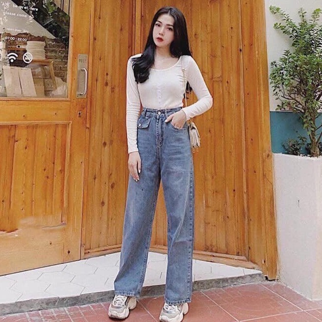 [ VIDIEO HOT NHỨT NÁCH!!! ] QUẦN JEAN ỐNG RỘNG NỮ CAO CẤP HADI DÀI TÚI NẮP 1 BÊN CỰC CHẤT-KCS12309