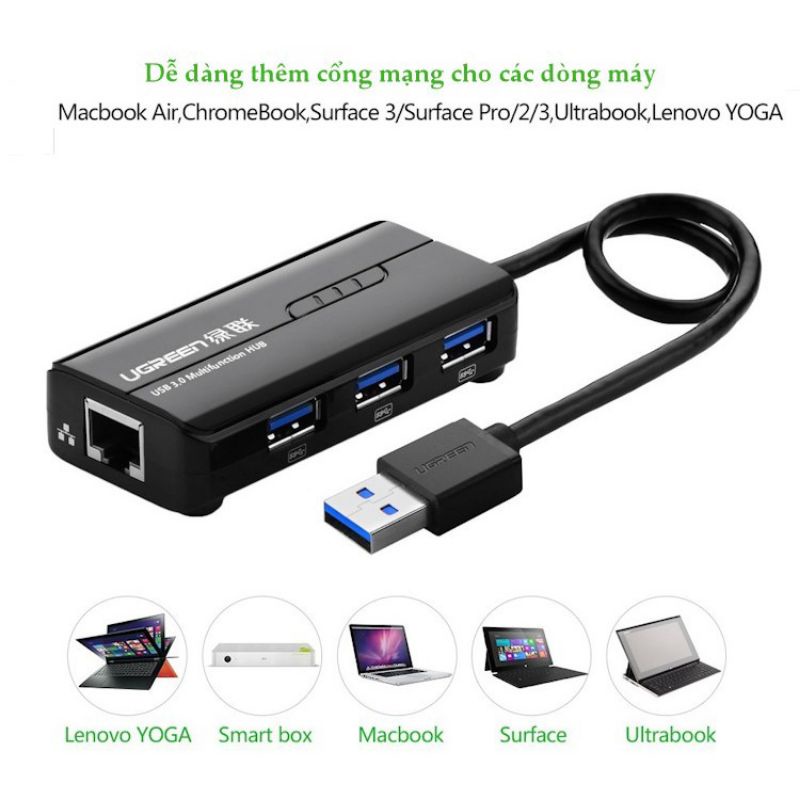 Bộ chia 3 cổng USB 2.0 kèm cổng mạng LAN 10/100/1000 Mbps cao cấp Ugreen 20264 CR103 - Hàng Chính Hãng