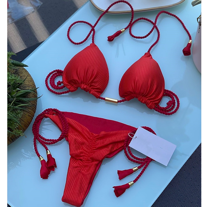 Bộ Đồ Bơi Bikini Hai Mảnh Tam Giác Màu Sắc Xanh Dương / Hồng Phối Tua Rua Gợi Cảm Cho Nữ