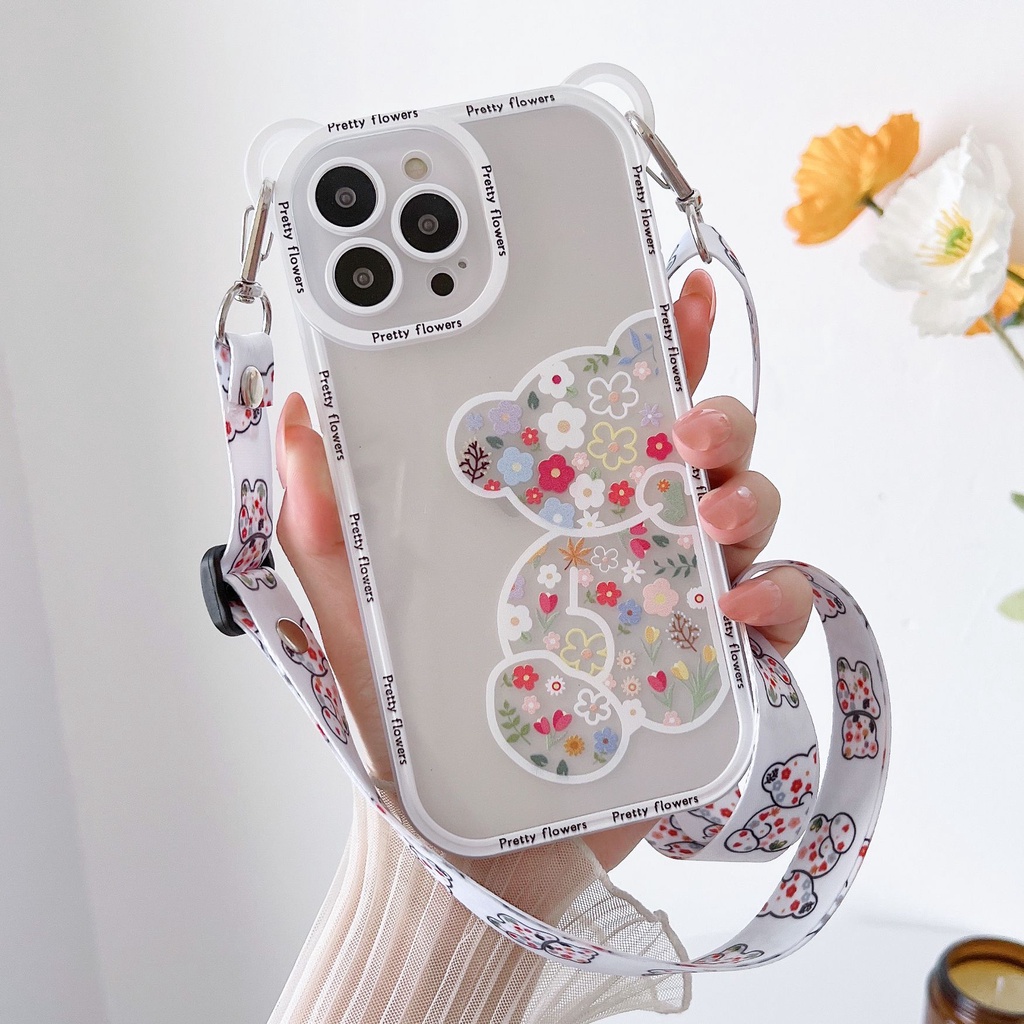 Dễ Thương Ốp Điện Thoại tpu Mềm Trong Suốt Họa Tiết Hoa / Gấu + Dây Đeo Cho iphone 15 14 13 11 12 pro max 13pro xsmax x xr 8 7 plus