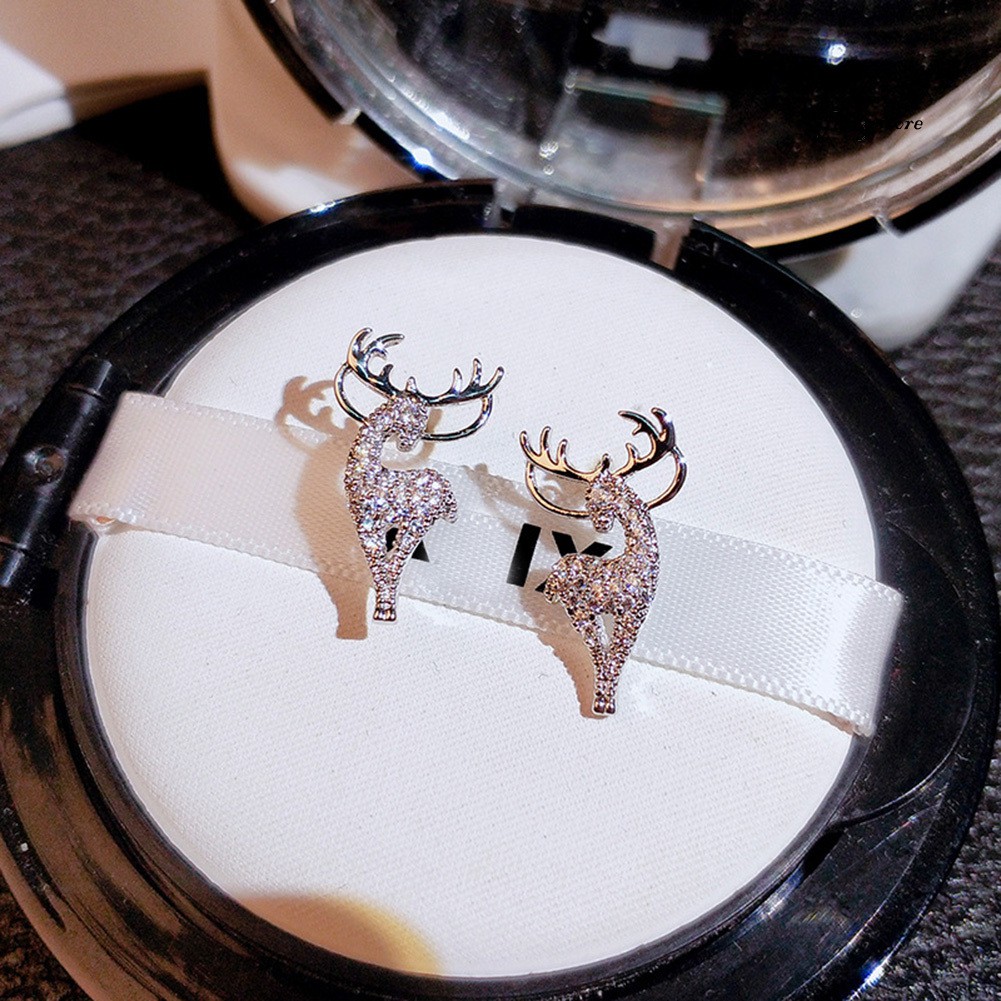 Khuyên tai mạ bạc hình nai sừng tấm đính đá giả kim cương nhân tạo thời trang Giáng Sinh dành cho bạn nữ