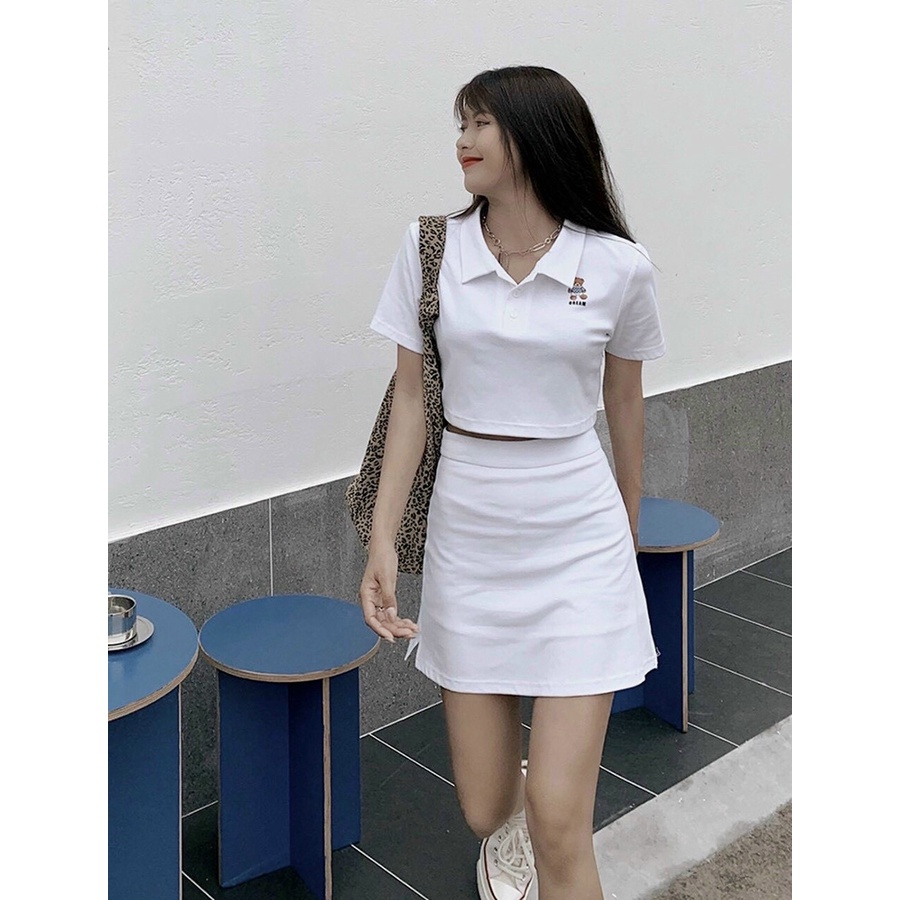 Set áo crotop POLO áo thiêu gấu chân váy trắng xinh QD MSP016