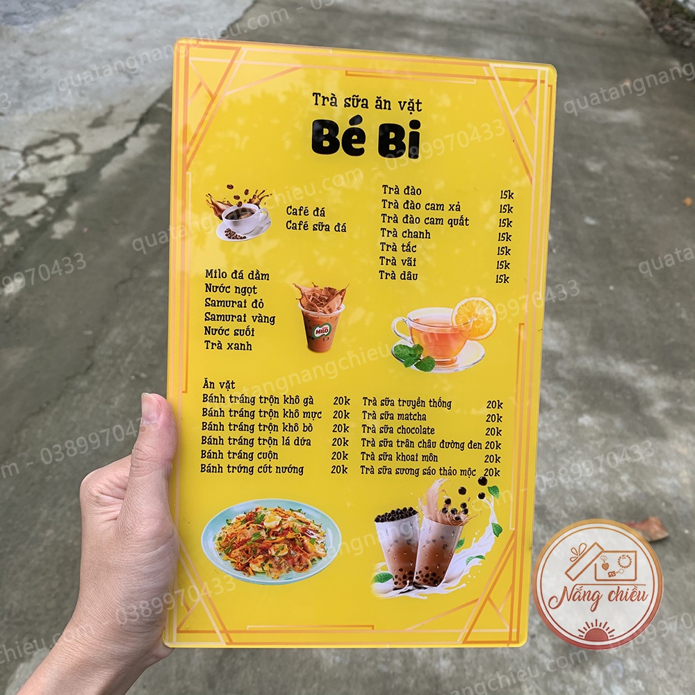 Menu quán trà sữa , ăn vặt , bảng giá quán cà phê, trà sữa, quán ăn in theo yêu cầu , chất liệu mica sáng bóng