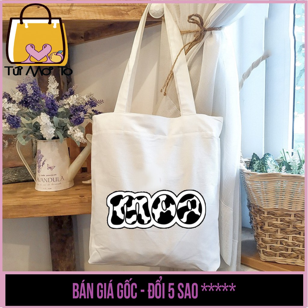 Túi tote vải canvas VUÔNG trắng có khóa kéo in hình BÒ SỮA tổng hợp - Túi Mơ To store