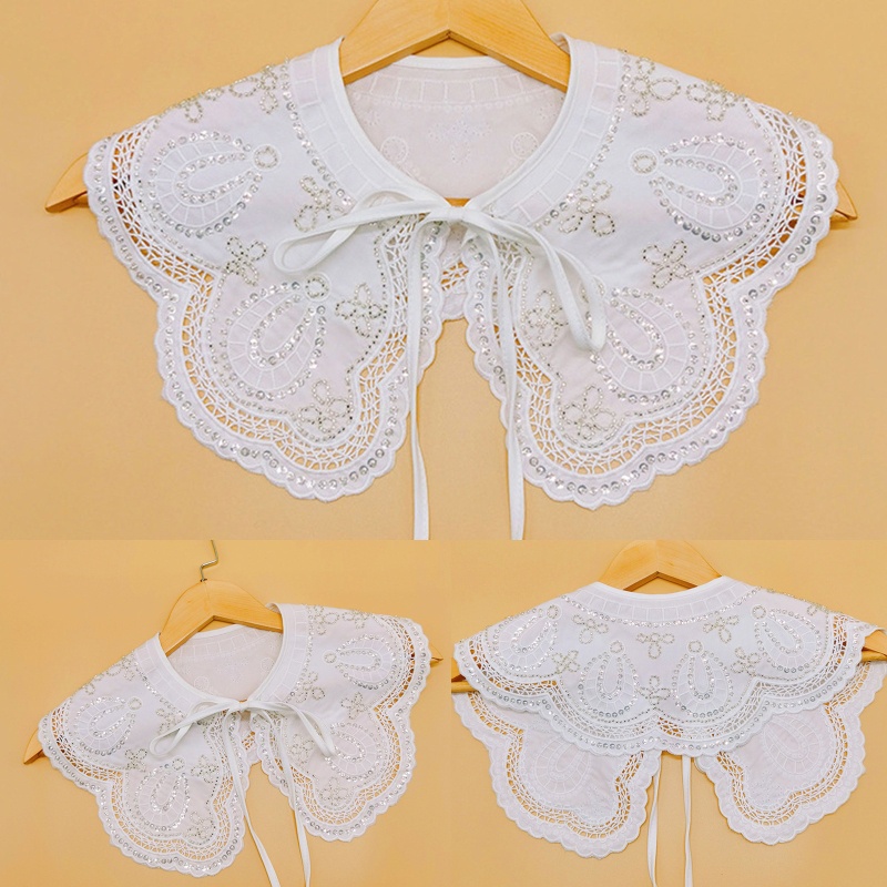 Cổ Áo Giả Khăn Choàng Trắng Đính Hạt Kim Sa Hình Bướm Thêu Hoa Lấp Lánh Cho Nữ