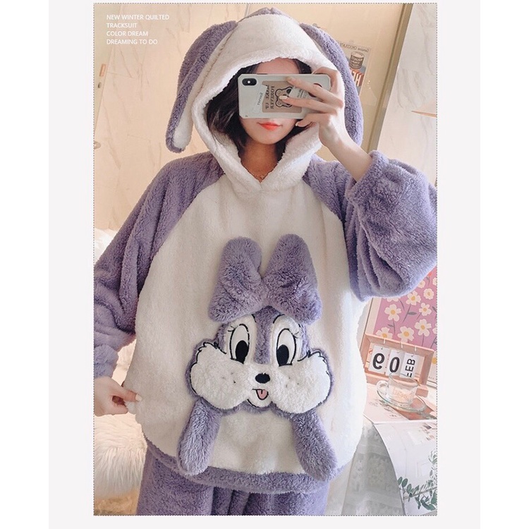 Bộ đồ ngủ bông, pijama, quần áo mặc ở nhà dài tay mùa đông có mũ chất lông mềm mịn hình cute dày dặn siêu ấm