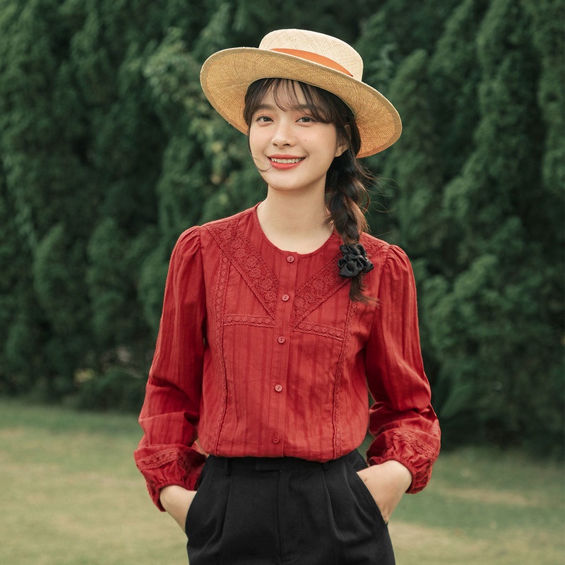 Áo Sơ Mi Cotton Cổ Tròn Tay Dài Phồng Thêu Ren Thời Trang Mùa Thu Hc4477 Kiểu Mới 2022