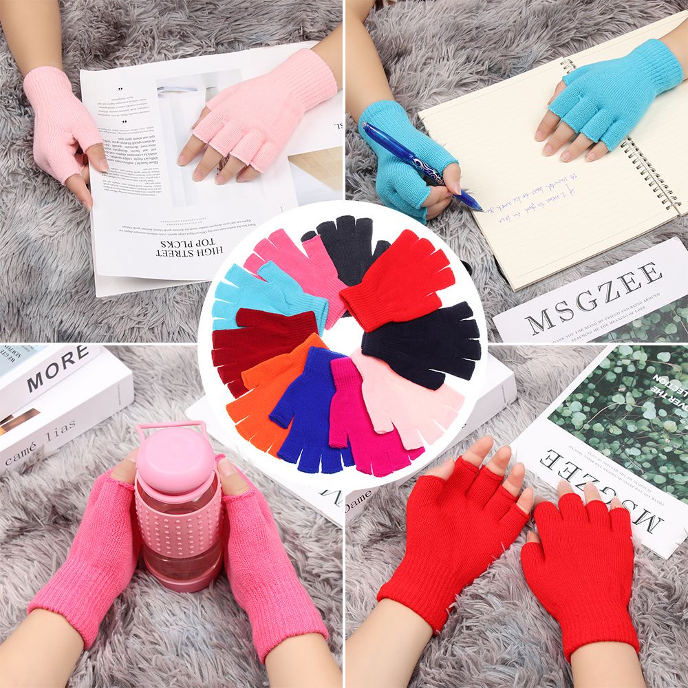 Găng tay dệt kim hở ngón mềm mại giữ ấm màu kẹo dành cho nam nữ