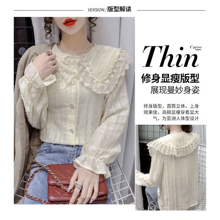Áo Sơ Mi chiffon Phối Ren Cổ Búp Bê Đính Hạt Thời Trang Mùa Thu 2021 Cho Nữ