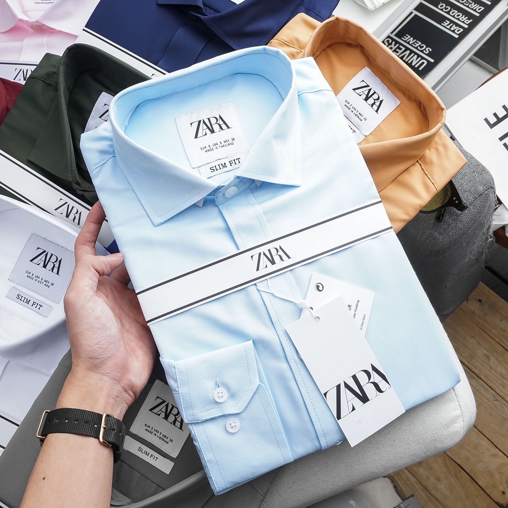 &lt;Mới&gt;Áo sơ mi nam trơn dài tay, gấp hộp, áo sơ mi công sở chất liệu lụa mịn cao cấp thời trang Zarra(Cam Kêt Chất Lượng)