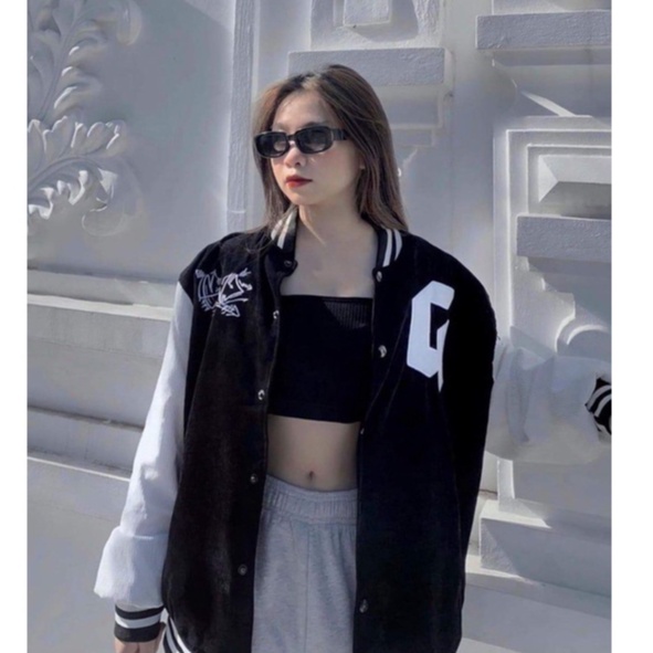 Áo khoác nỉ bomber nam nữ dù form rộng cao cấp, áo khoác nhung tăm họa tiết chữ G tweed đẹp phối gió màu đen K016 | BigBuy360 - bigbuy360.vn