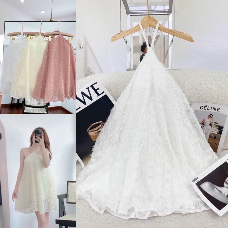 ĐẦM CỔ YẾM LÔNG VŨ ĐẦM BBD GIẤU QUẦN HOA NỔI váy yếm lông vũ hở lưng váy cổ yếm lông vũ