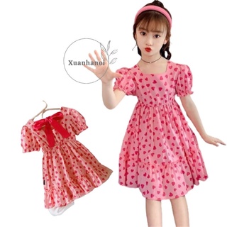 Váy bé gái trái tim hồng buộc nơ lưng tay bồng XHN855