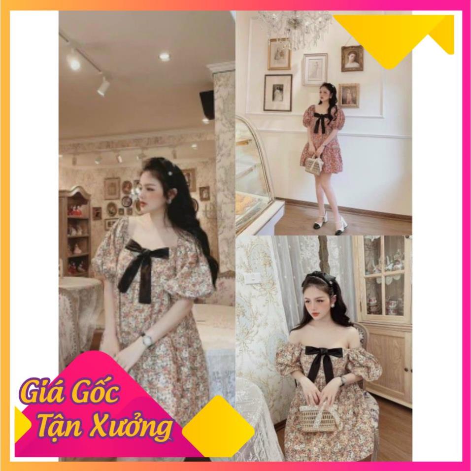XẢ KHO GIÁ SỐC Đầm Babydoll Nữ Hoa Nhí Phối Nơ Cổ Vuông Dáng Xòe 2 Màu Q036
