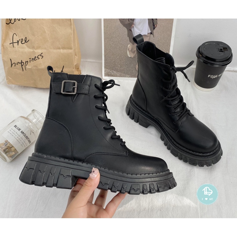 Giày Boots Nữ Boot Cổ Cao Thắt Dây Không Khóa Kéo Đế cao 6CM