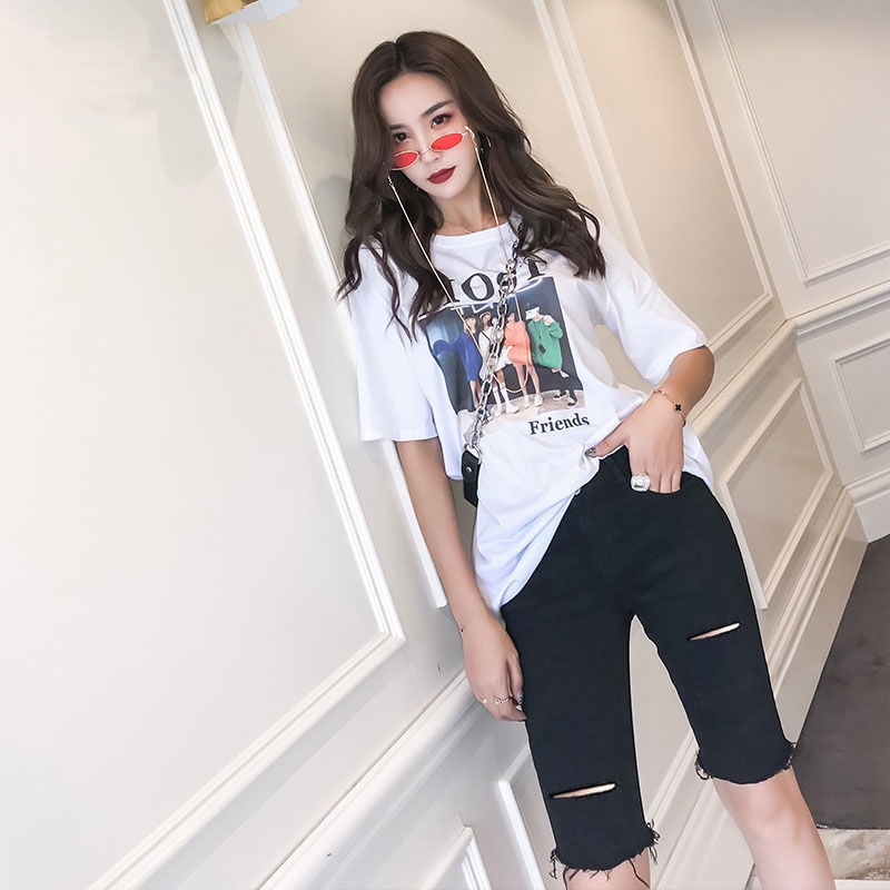 AMOI Quần Short Denim Màu Đen Lưng Cao Dáng Suông Rách Cá Tính Có Size Lớn Phong Cách Hàn Quốc Cho Nữ