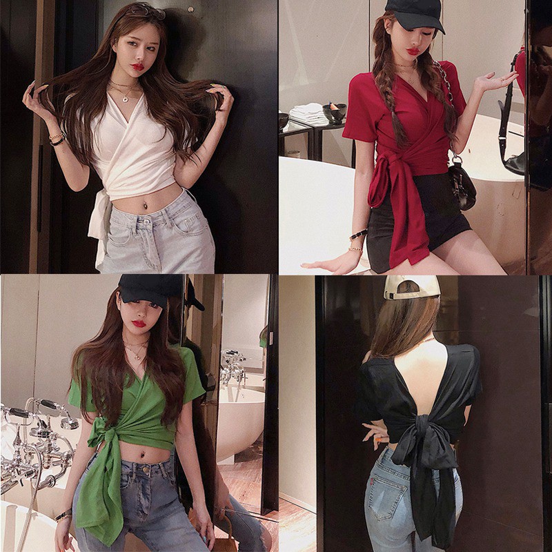 Áo thun tay ngắn cổ chữ V thiết kế hở lưng quyến rũ