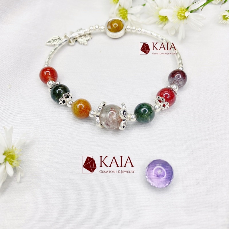 Vòng tay phong thuỷ Ưu Linh Đa Sắc mix charm leafs chiêu tài lộc may mắn bình an - KAIA V7