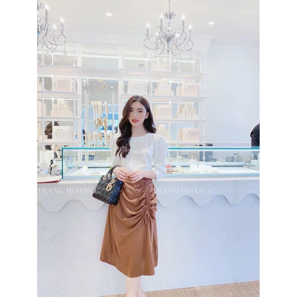 SET ÁO SƠ MI TRẮNG ĐŨI MIX CHÂN VÁY NÂU RÚT DÂY CHO NỮ - ÁO ĐŨI TRẮNG ULZZANG