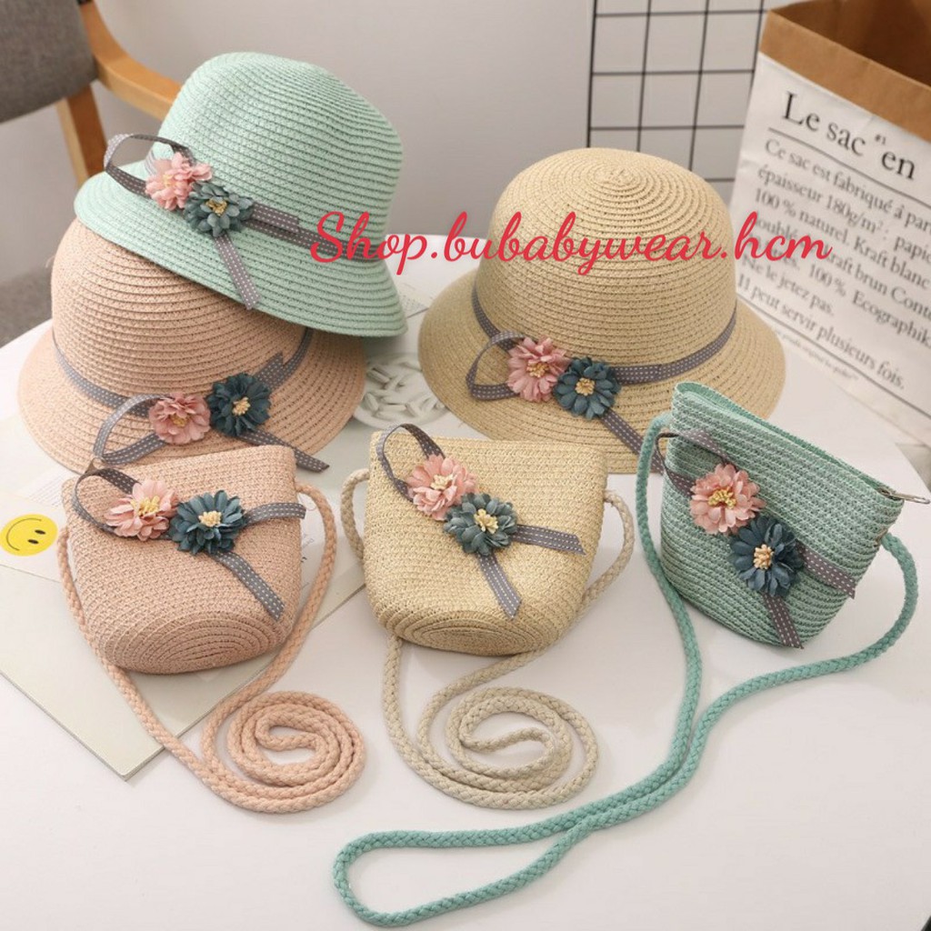 Bộ nón và túi đeo chéo hoa cho bé gái