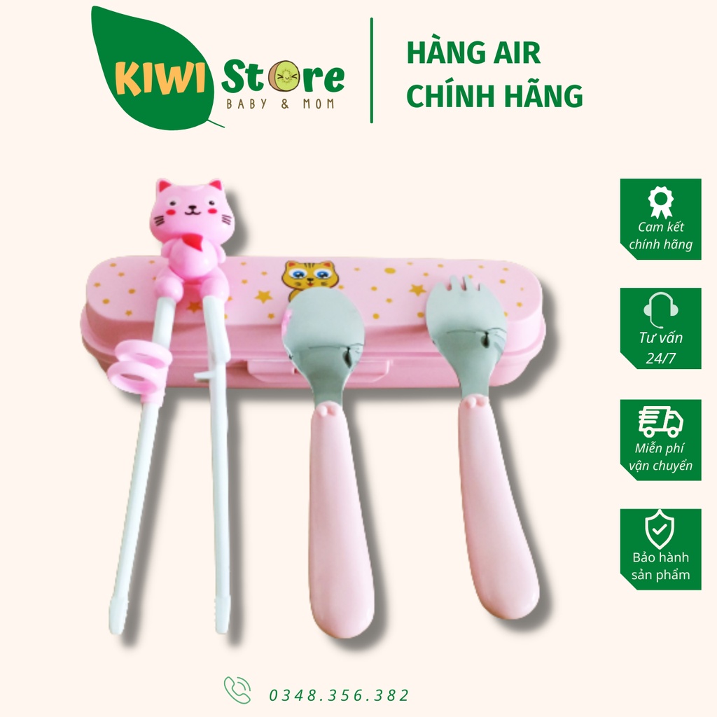 Bộ thìa,dĩa,đũa tập ăn inox Happy Cat cho bé (màu hồng)