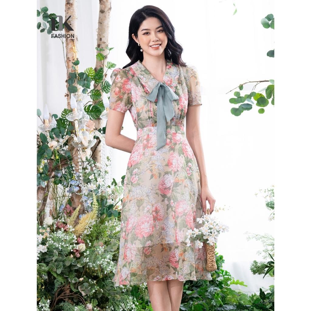 Đầm Dáng Xòe Nữ NK Fashion Cổ Sen Kèm Nơ Rời Họa Tiết Hoa Nữ Tính, Chất Vải Cao Cấp Mềm Mịn NKDV2204004