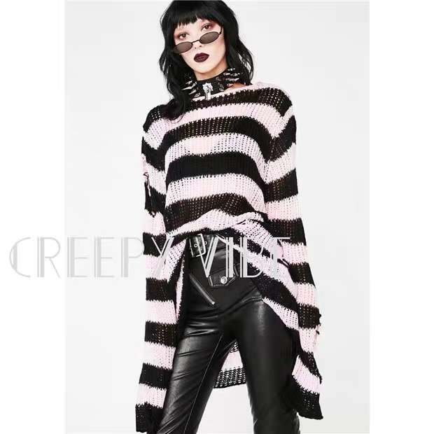 Áo len dệt kim dài tay kẻ sọc thiết kế lỗ rách phong cách bụi bặm thời trang dành cho nữ