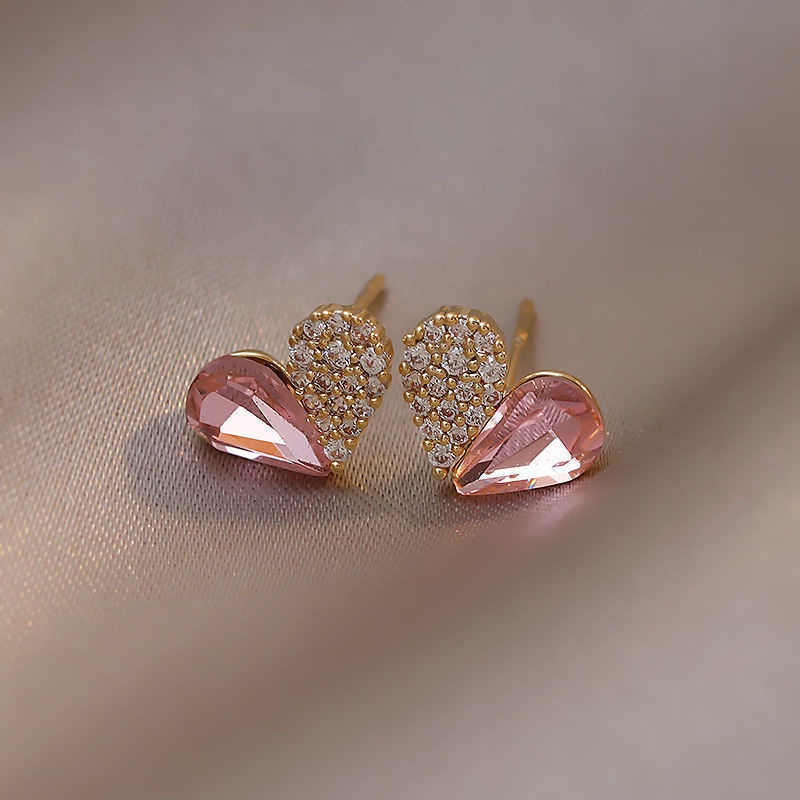 Khuyên tai hình trái tim đính đá hồng đơn giản 2021