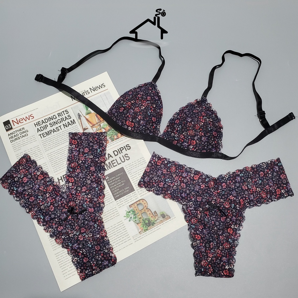 Bộ đồ lót ren sexy không gọng mút vừa gợi cảm màu đen hoa nhí quần lọt khe NHÀ SÒ Bralette NS011