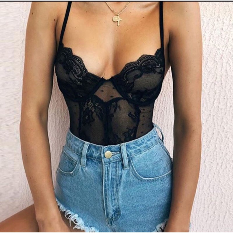 Bodysuit dây ren lưới cổ V phong cách sexy UNNIE. ( clip thật) | BigBuy360 - bigbuy360.vn