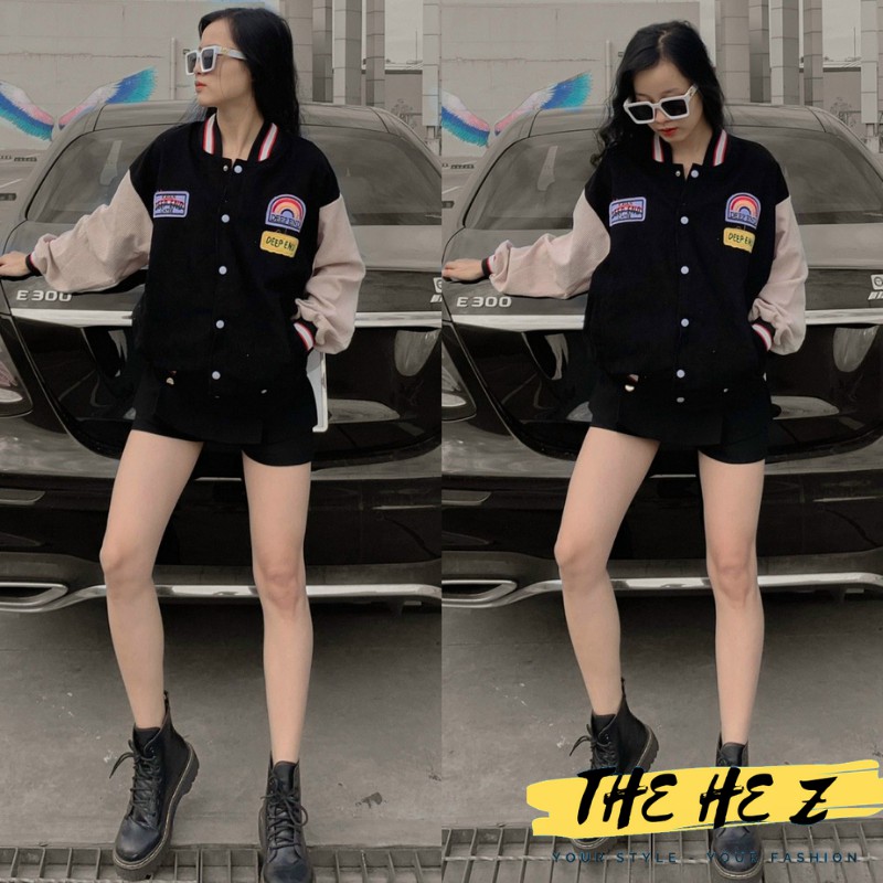 Áo khoác bomber nữ cute cổ vuông chất liệu nhung thêu logo Z200