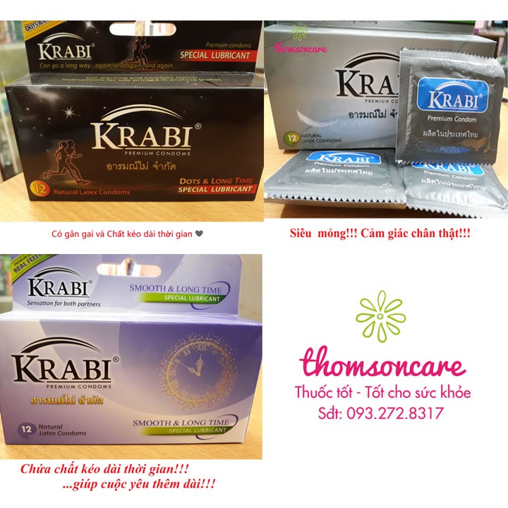 Bao cao su Krabi - bcs gân gai siêu mỏng, kéo dài thời gian bôi trơn, 49mm đôn dên - Hộp 12 chiếc condom từ Thái Lan