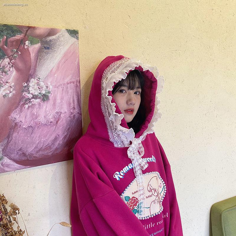 Áo hoodie dài tay phối ren in họa tiết hoa hồng phong cách Nhật Bản mới dành cho nữ 2021