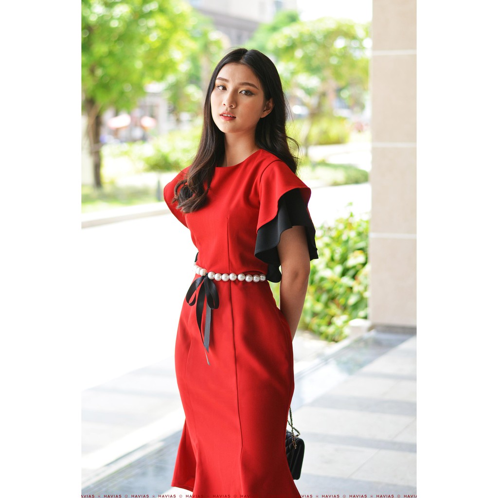 Đầm Cascade Sleeve Pearl Belt mixed Black Red Dress HAVIAS