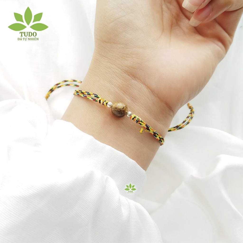 Vòng Tay Nữ trầm tự nhiên tết chỉ ngũ sắc handmade mix bi bạc freesize TUDO Vòng gỗ phong thủy
