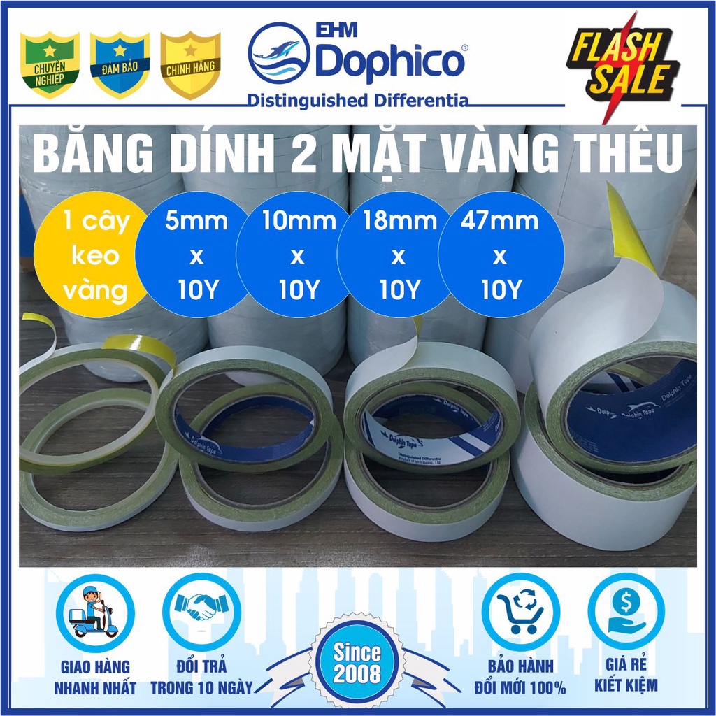 (1 cây) Băng dính 2 mặt vàng thêu bản rộng 5/10/18/47mm – Dùng trong công tác VPP, dán hồ sơ, bao thư, bưu thiếp...