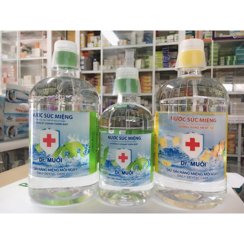 Nước muối súc miệng Dr Muối 500ml và 1 lít hương vỏ chanh, 1 lít huơng gừng.