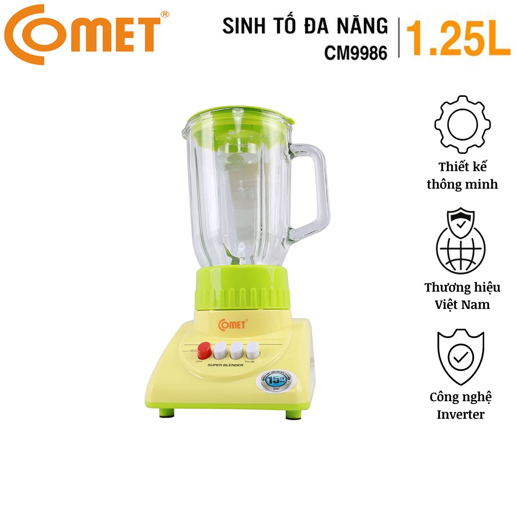 Máy xay sinh tố 1.25L 2 Cối Thủy Tinh COMET CM9986N