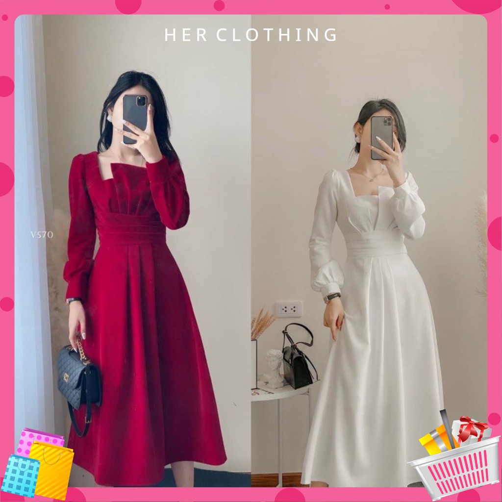 [New2021] Váy trắng xòe có 2 màu cổ xếp búp dáng cực chuẩn