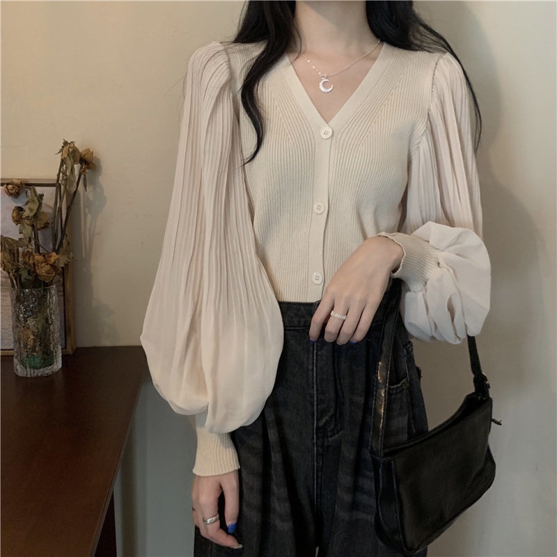 Áo chiffon dệt kim tay dài dáng ôm dễ phối đồ thời trang