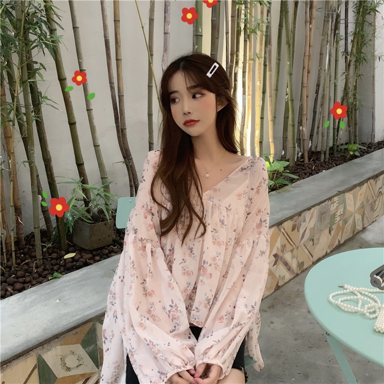 Áo kiểu chiffon tay dài in hoa thời trang cho nữ | BigBuy360 - bigbuy360.vn