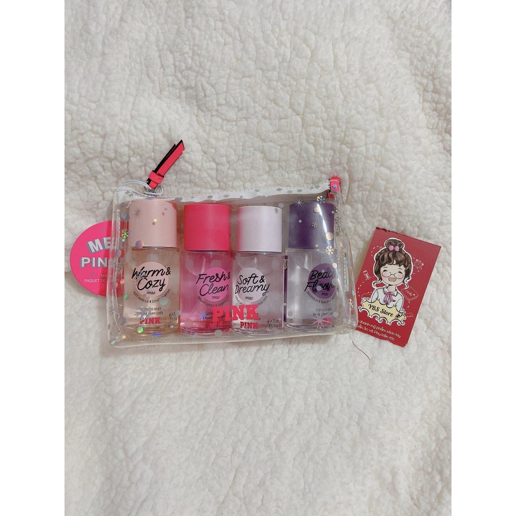 {Bill Mỹ} Pink Fresh & Clean, Warm & Cozy, Soft & Dreamy, Beach Flower Bộ 4 xịt Thơm Toàn Thân Victoria's Secret 75ml | BigBuy360 - bigbuy360.vn